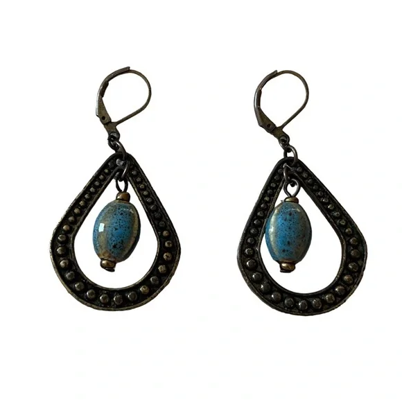 Premier Designs Brass Tone Blue Drop Bead Loop Earrings - Picture 1 of 5